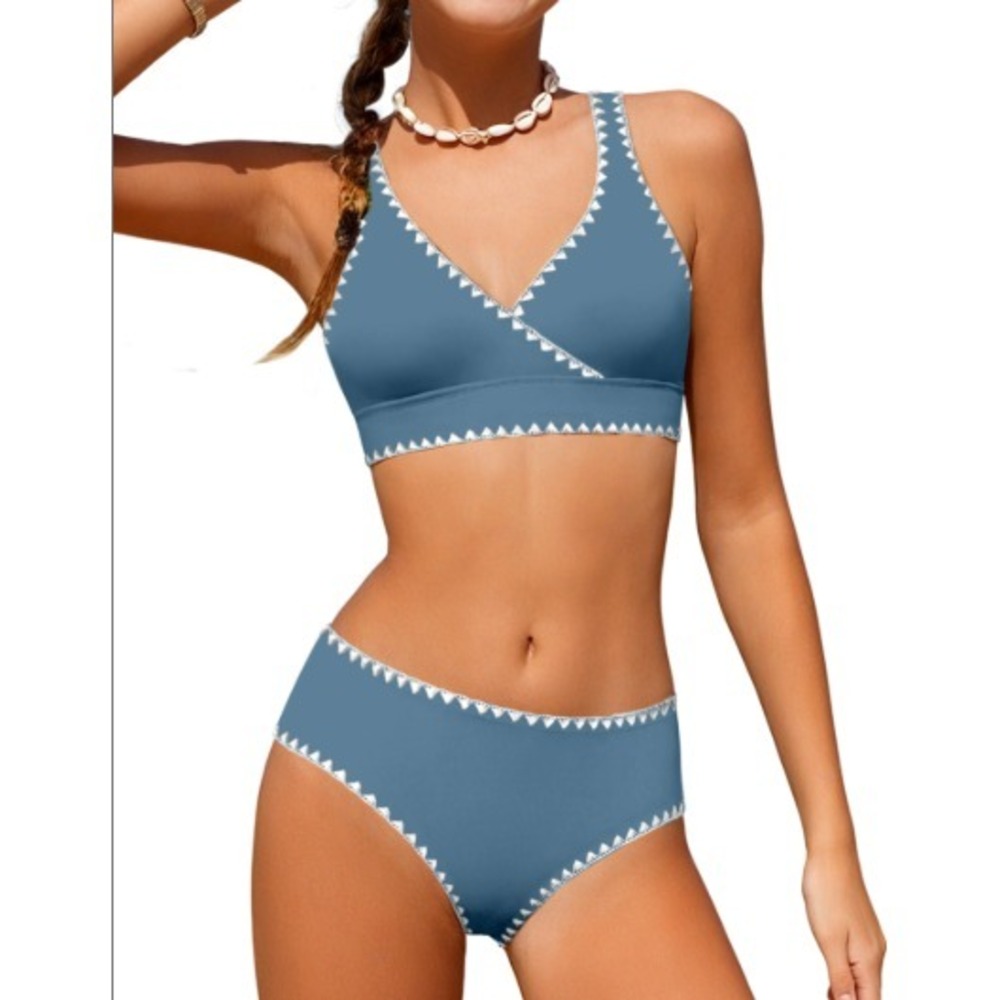 Girls Sz 13 14 Swimsuit 2 Piece Casual Blue Bikini Swimsuit Shell Stitched Edge